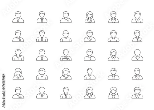 collection line art icons diverse individuals employees clerks managers businesswomen businessmen office environment