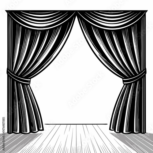 Create a vector illustration of a bold, stylized theater curtain, emphasizing thick strokes and rich color.  Include pleats and folds for realism.
