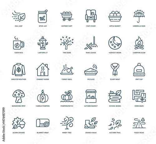 autumn fall activities seasonal treats nature outdoor elements cozy accessories collection themed icons