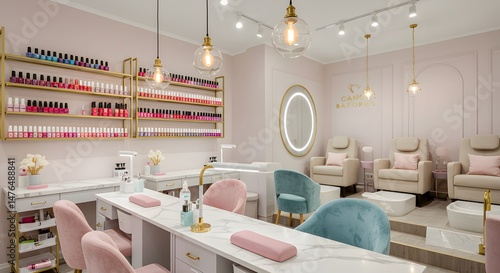 Luxury nail salon with blush pink and baby blue decor.