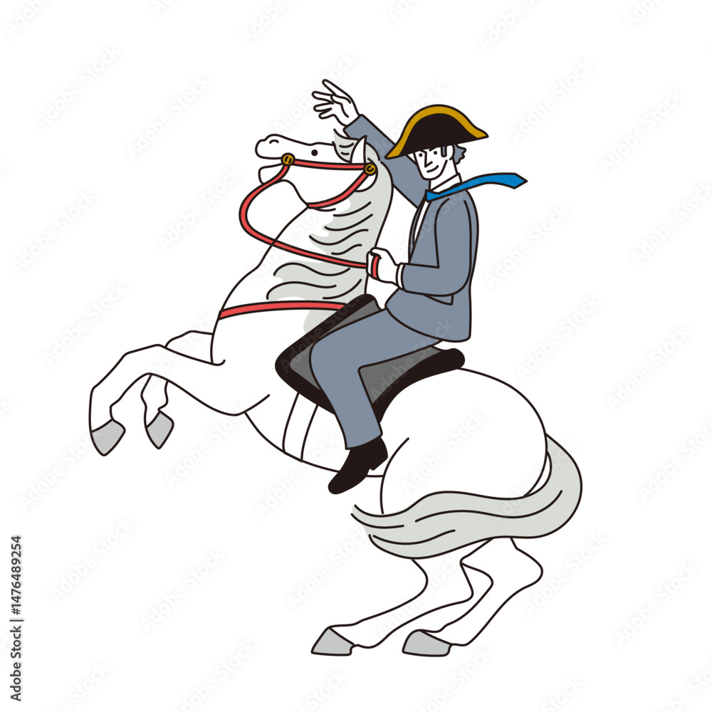 Naklejka premium 年賀状用素材 2026年 午年 馬に乗るビジネスマンのイラスト 