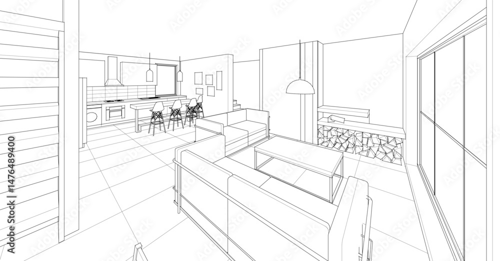 Fototapeta premium interior kitchen living room 3d illustration 