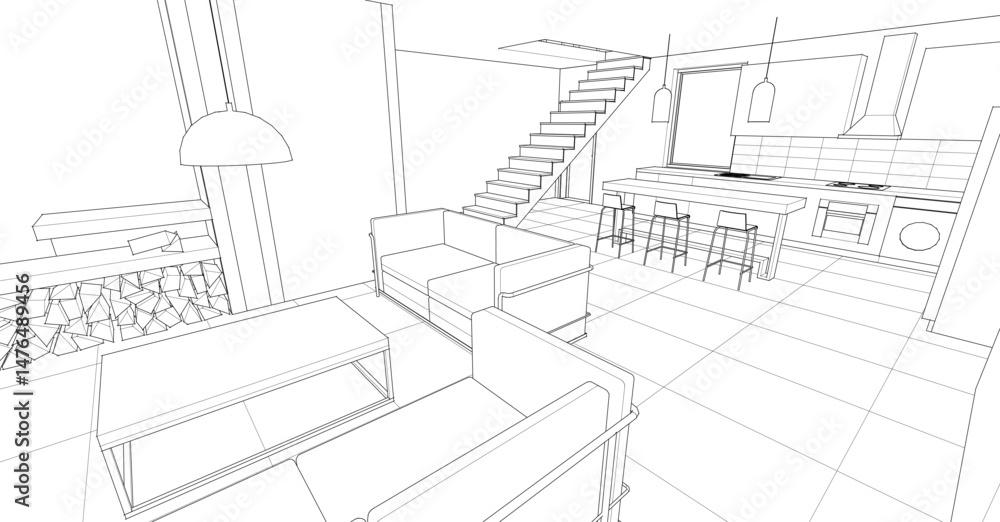 Fototapeta premium interior kitchen living room 3d illustration 