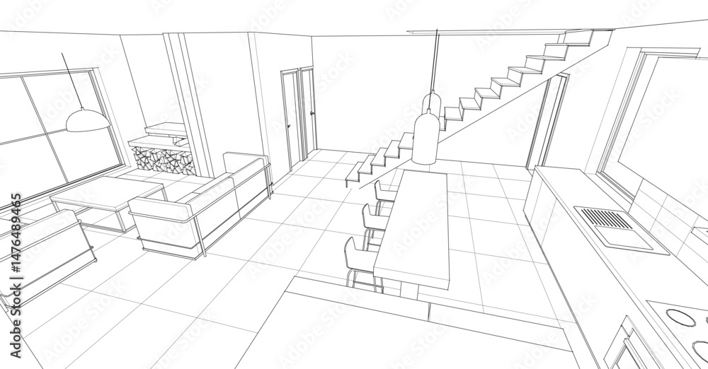 Fototapeta premium interior kitchen living room 3d illustration 