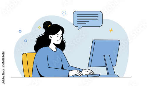 Woman engaging with digital technology at work desk