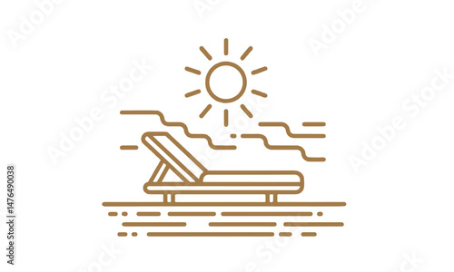 Minimalist brown line art icon of a beach lounger under a shining sun with sea waves, perfect for summer vacation, travel, and relaxation themes