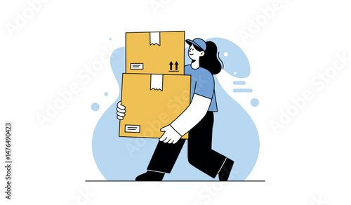 Delivery service concept with cartoon courier carrying parcel boxes