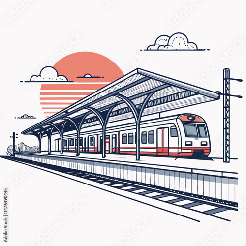 Create a bold, vector illustration of a bustling train station scene, emphasizing strong outlines and impactful silhouettes.  Include detailed platform, tracks, and people.