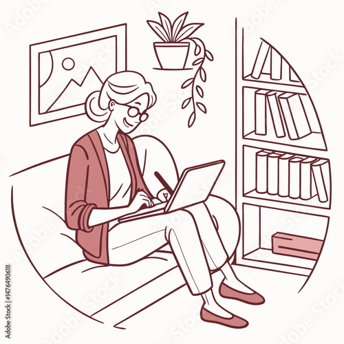 Sketch style doodle of Happy stylish mature old woman remote working from home distance office on laptop taking notes