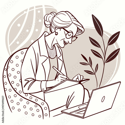 Sketch style doodle of Happy stylish mature old woman remote working from home distance office on laptop taking notes