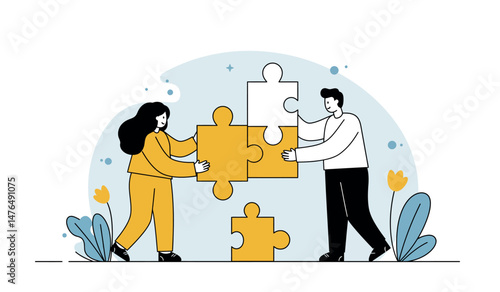 Collaborative teamwork concept with people assembling puzzle pieces for problem solving and cooperation