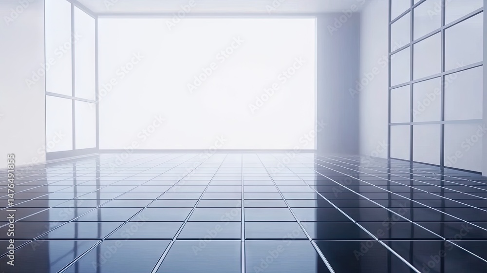 Empty modern interior with large windows and tiled floor. Empty modern interior with large windows and tiled floor.