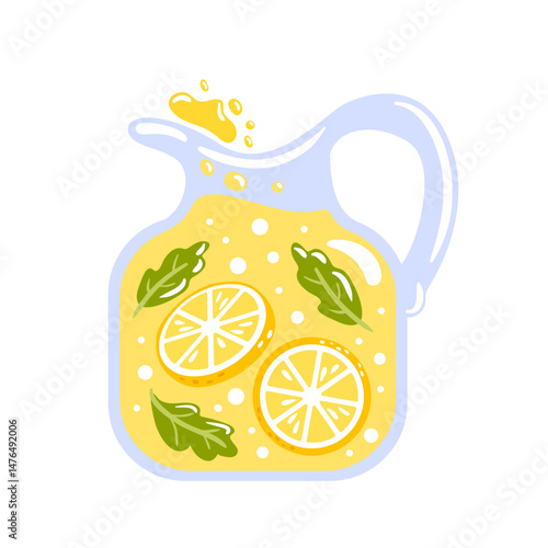 Vector illustration Refreshing lemonade in a glass pitcher, garnished with lemon slices, mint leaves. Perfect for a hot summer day.