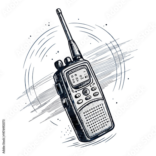 Create a bold, vector illustration of a walkie-talkie, emphasizing strong outlines and sharp lines.  Include buttons and antenna details.