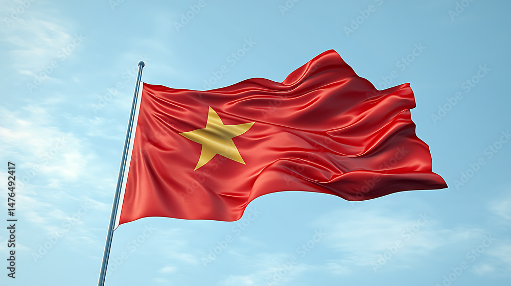Naklejka premium Vietnam flag waving with blue sky.