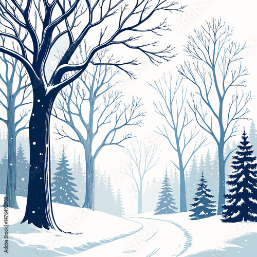 Create a bold, vector illustration of a winter forest scene with snow-covered trees, a winding path, and a dramatic sky.