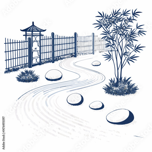Create a bold vector illustration of a serene Zen garden, featuring raked gravel, rocks, and carefully pruned vegetation.  Emphasize strong, clean lines and a minimalist aesthetic.