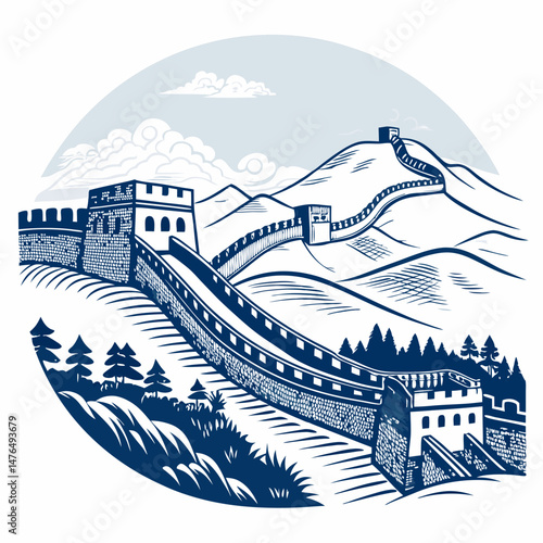 Create a bold, vector illustration of the Great Wall of China, emphasizing its strong, textured stonework with a thick, dark outline.  High detail, simplified style.