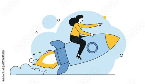 Business growth and success concept with woman riding rocket for progress and development