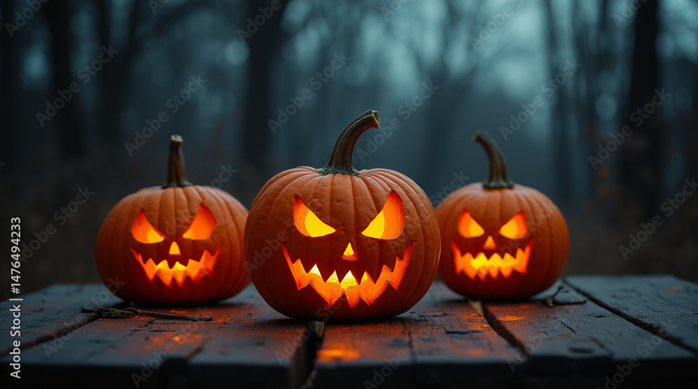 Three spooky carved pumpkins with glowing eyes sit on a wet wooden table. Halloween decoration and creepy atmosphere for holiday season marketing and celebration concepts. Three spooky carved pumpkins with glowing eyes sit on a wet wooden table. Halloween decoration and creepy atmosphere for holiday season marketing and celebration concepts.