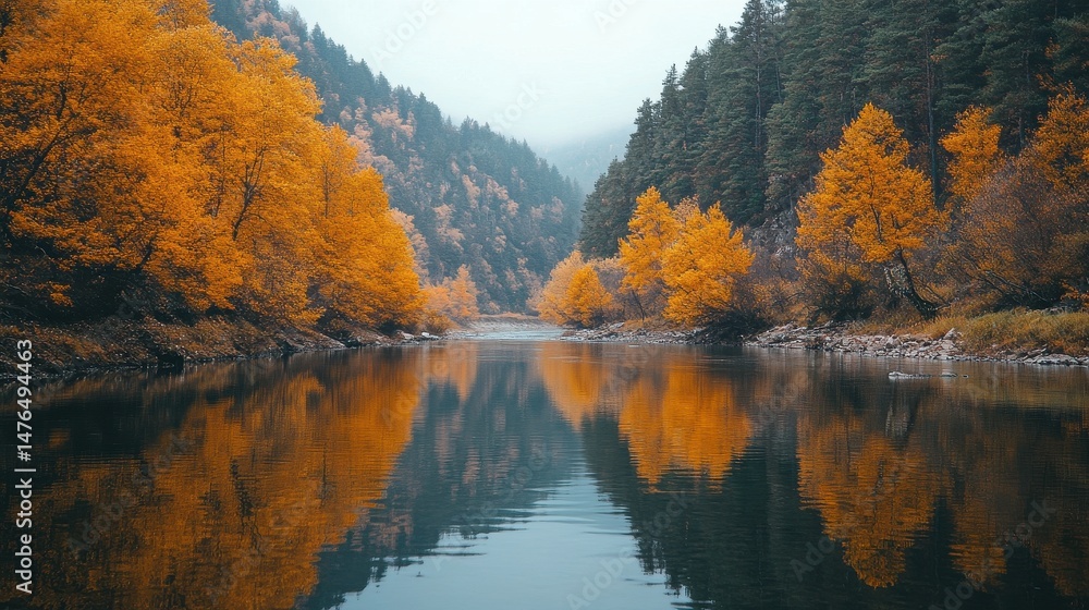 Fototapeta premium Autumn River Reflection Golden Trees and Misty Green Hills