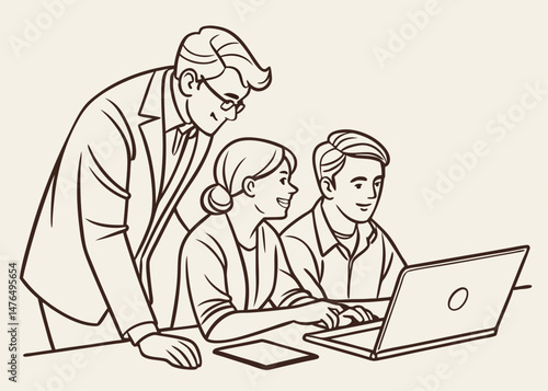 Sketch style doodle of Professional teacher, executive or mentor helping latin student, new employee, teaching intern, explaining online job using laptop computer, talking, having teamwork discussion 