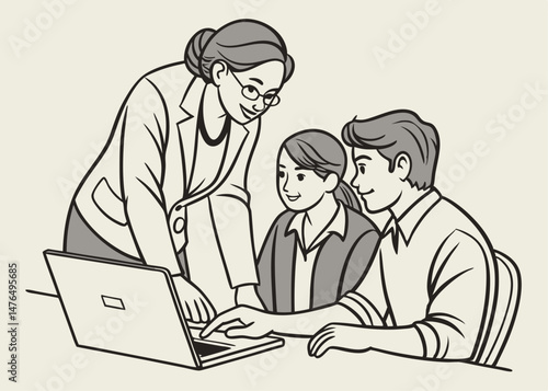 Sketch style doodle of Professional teacher, executive or mentor helping latin student, new employee, teaching intern, explaining online job using laptop computer, talking, having teamwork discussion 