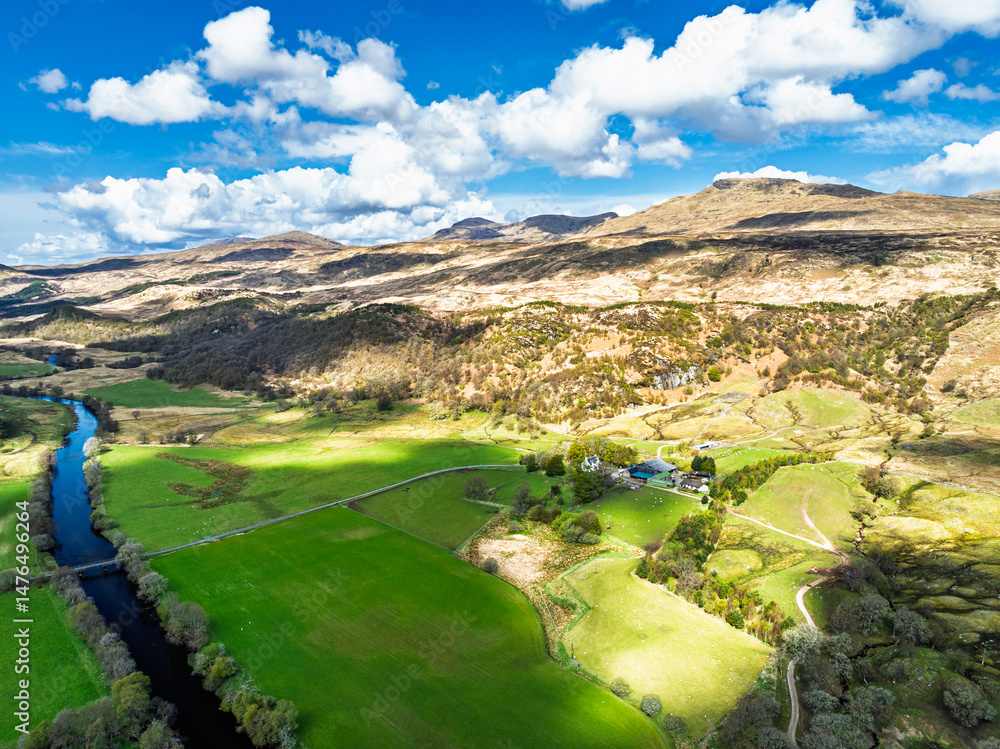 Farms and Mountains over River Dochart and Road A85 from a drone, Perthshire, Scotland, UK