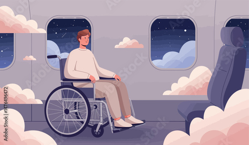 Young man in wheelchair enjoying airplane journey amongst clouds
