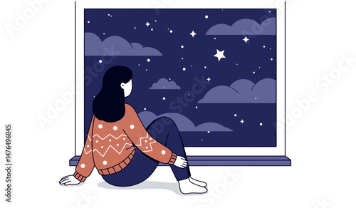 Contemplative woman stargazing at night through window in cozy sweater