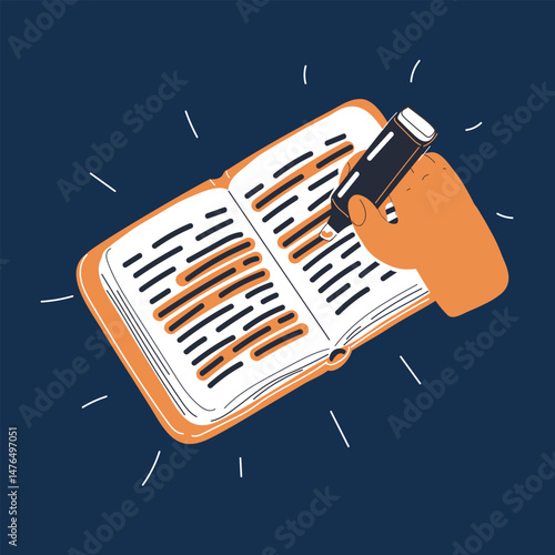 Cartoon vector illustration of a hand using a highlighter on a book, representing knowledge, concentration, and the pursuit of education against dark background