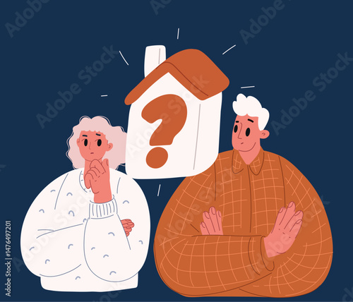 Cartoon vector illustration of a man and woman imagining their future home, representing dreams, planning, and life goals against dark background