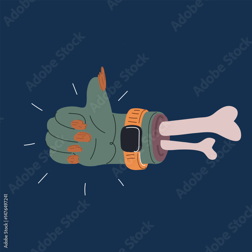 Cartoon vector illustration of a zombie hand rising from the ground with a thumbs up, representing creepy encouragement and playful horror vibes against dark background
