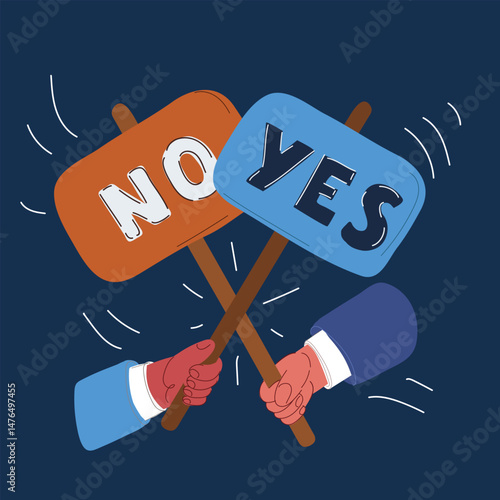 Cartoon vector illustration of two hands clashing with YES and NO signs, representing debate, opposition, and the struggle between opinions against dark background