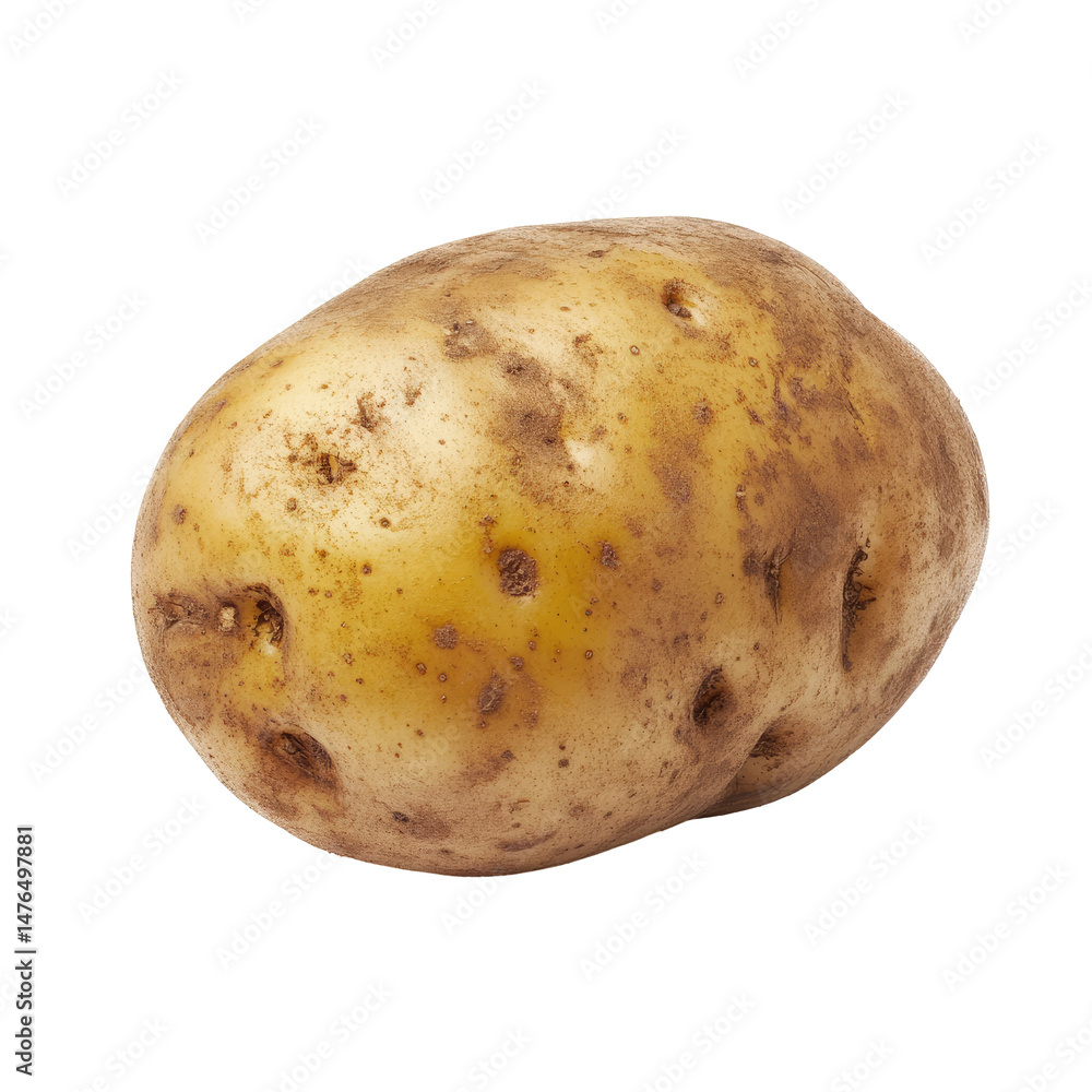 A single, pale-yellow potato with brown spots A single, pale-yellow potato with brown spots