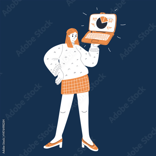 Cartoon vector illustration of a woman holding a laptop, focused and ready for work, modern and professional against dark background