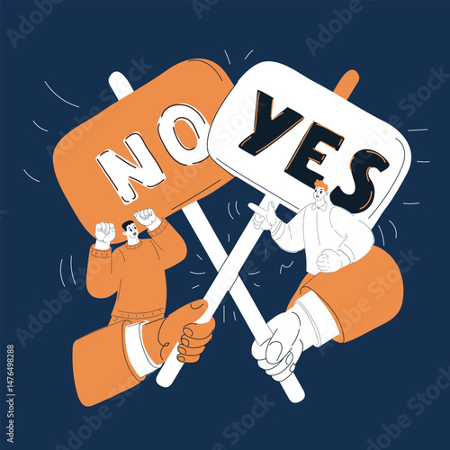 Cartoon vector illustration of two groups of people battling with NO and YES banners, representing opposing interests and ideologies against dark background