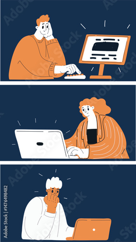 Cartoon vector illustration of a collection of men and women working and looking at computer monitors, symbolizing teamwork, focus, and modern digital jobs against dark background