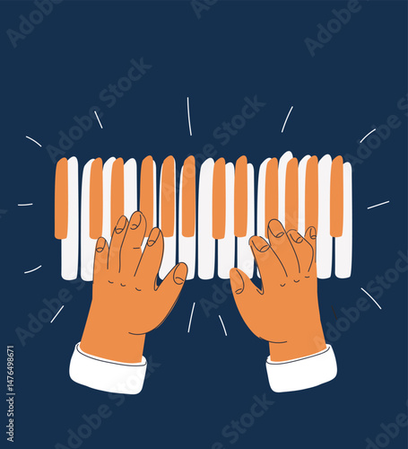 Cartoon vector illustration of hands playing piano keys, symbolizing music, creativity, and emotional expression against dark background