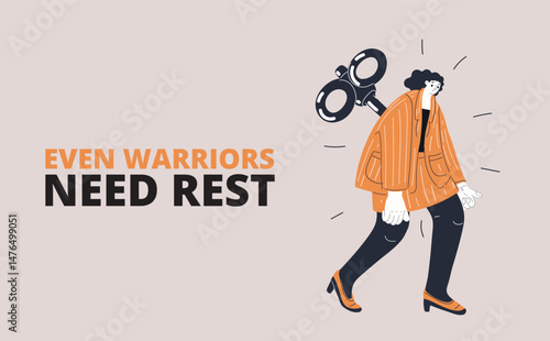 Cartoon vector illustration of a woman with a wind-up key in her back, representing routine, mechanical life, and the struggle for balance