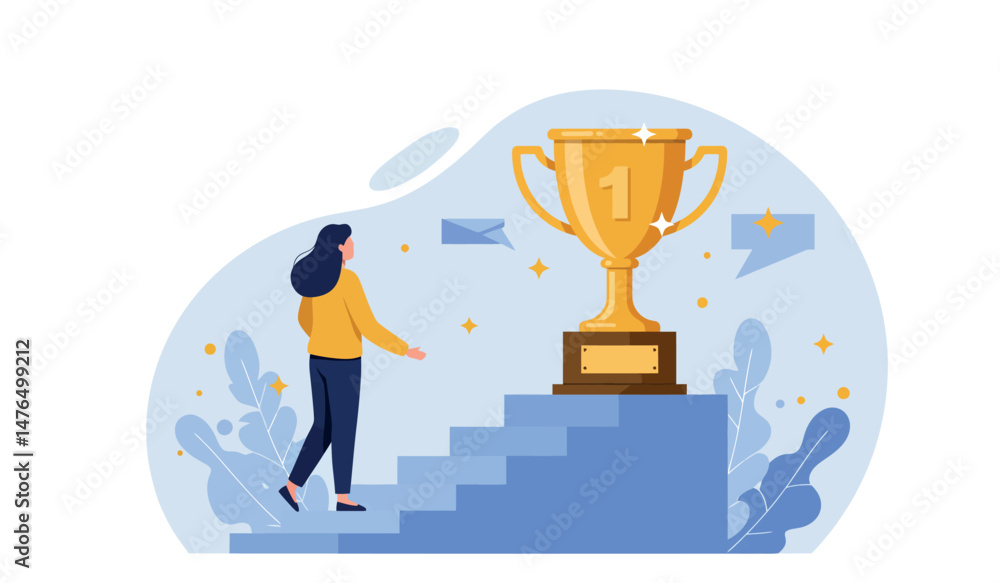 Achievement and success concept with woman approaching trophy on pedestal Achievement and success concept with woman approaching trophy on pedestal