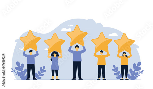 Team celebrating five star rating achievement with enthusiastic group holding stars