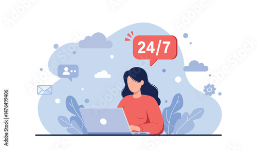 Woman working at laptop with 24-7 availability concept
