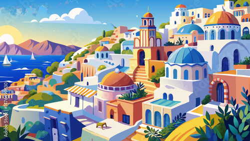 close up Santorini hand drawn watercolor illustration Very beautiful