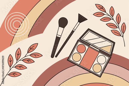 82 colorful abstract landscape, layered geometric shapes, bold gradients, makeup brushes, makeup compacts, leaves, organic elements, photorealistic, elegant composition, digital art