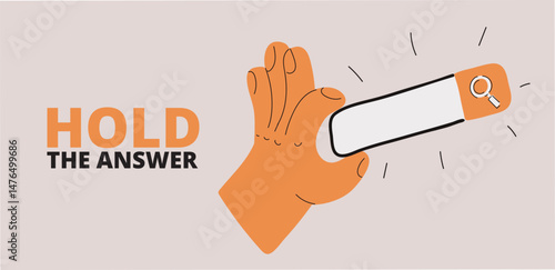 Cartoon vector illustration of a hand holding a search bar, representing online exploration and the quest for information