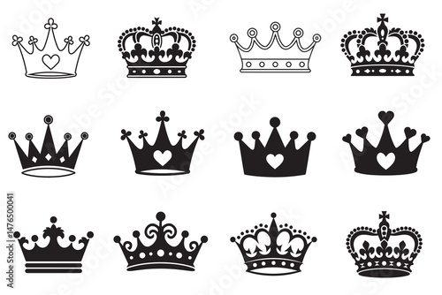 Princess and King Crown Icon Silhouettes Royal Tiara Vector Collection