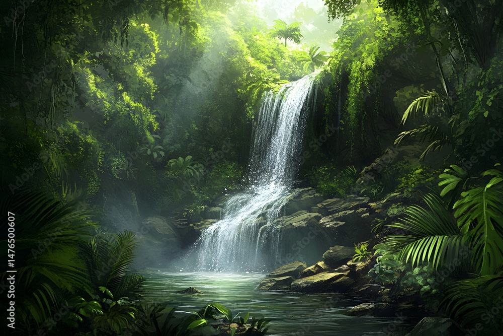 Fototapeta premium Lush waterfall cascading down rocky cliffs surrounded by vibrant green foliage and dense rainforest vegetation