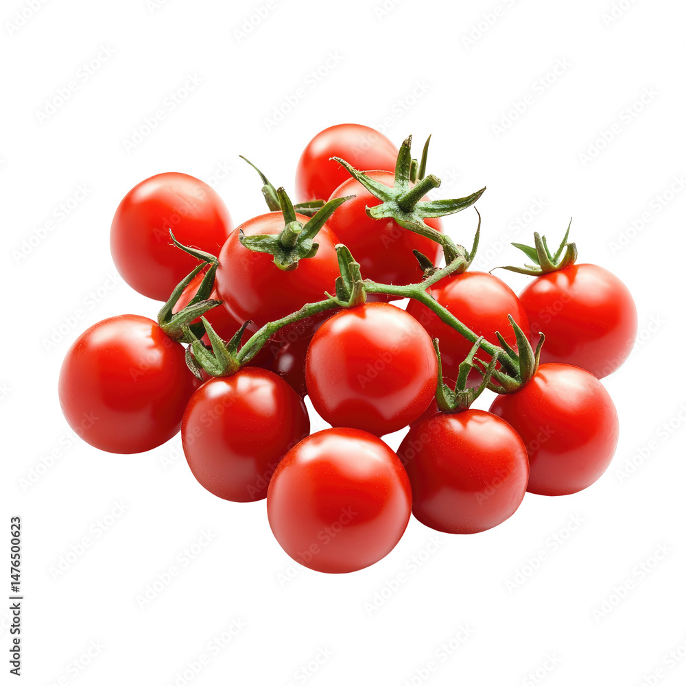 A cluster of ripe, red cherry tomatoes on the vine A cluster of ripe, red cherry tomatoes on the vine