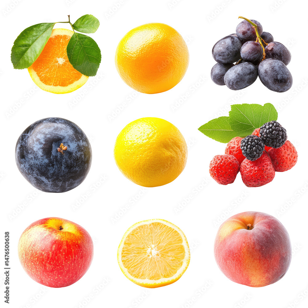 Nine vibrant, whole and halved fruits Nine vibrant, whole and halved fruits